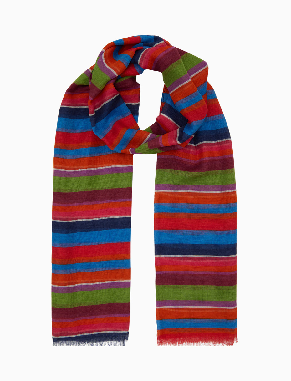 Unisex light blue cotton/linen/viscose scarf with multicoloured stripes - Gallo 1927 - Official Online Shop