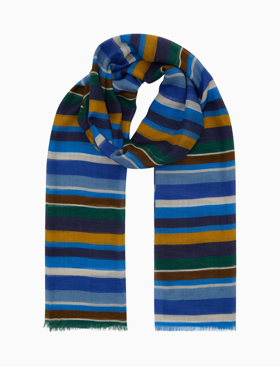 Unisex blue cotton/linen/viscose scarf with multicoloured stripes - Gallo 1927 - Official Online Shop
