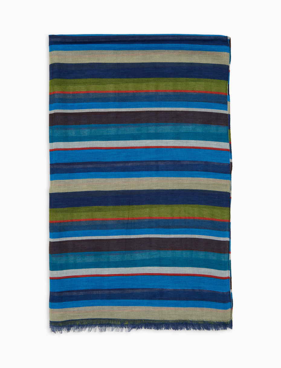 Unisex blue cotton/linen/viscose scarf with multicoloured stripes - Gallo 1927 - Official Online Shop
