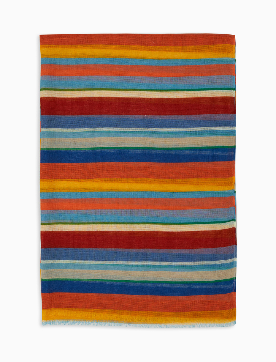 Unisex lobster red cotton, viscose and linen scarf with multicoloured stripes - Gallo 1927 - Official Online Shop