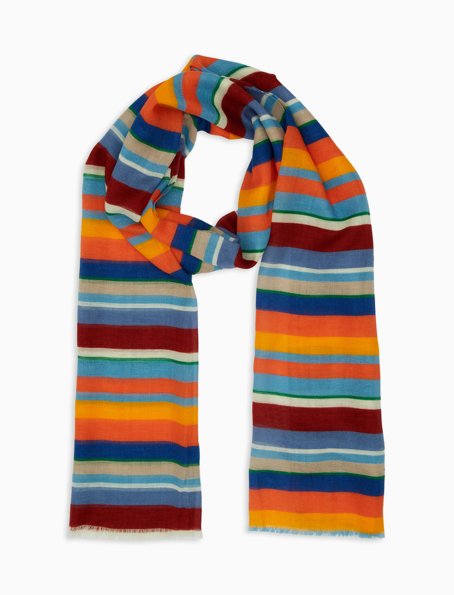 Unisex lobster red cotton, viscose and linen scarf with multicoloured stripes - Gallo 1927 - Official Online Shop