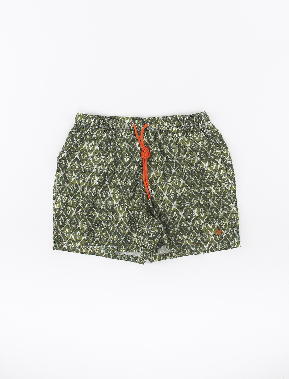 Men's olive green polyester swimming shorts with batik motif - Gallo 1927 - Official Online Shop