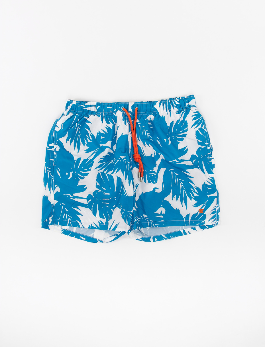 Men's polyester swimming shorts with tropical leaf motif, dragonfly blue - Gallo 1927 - Official Online Shop