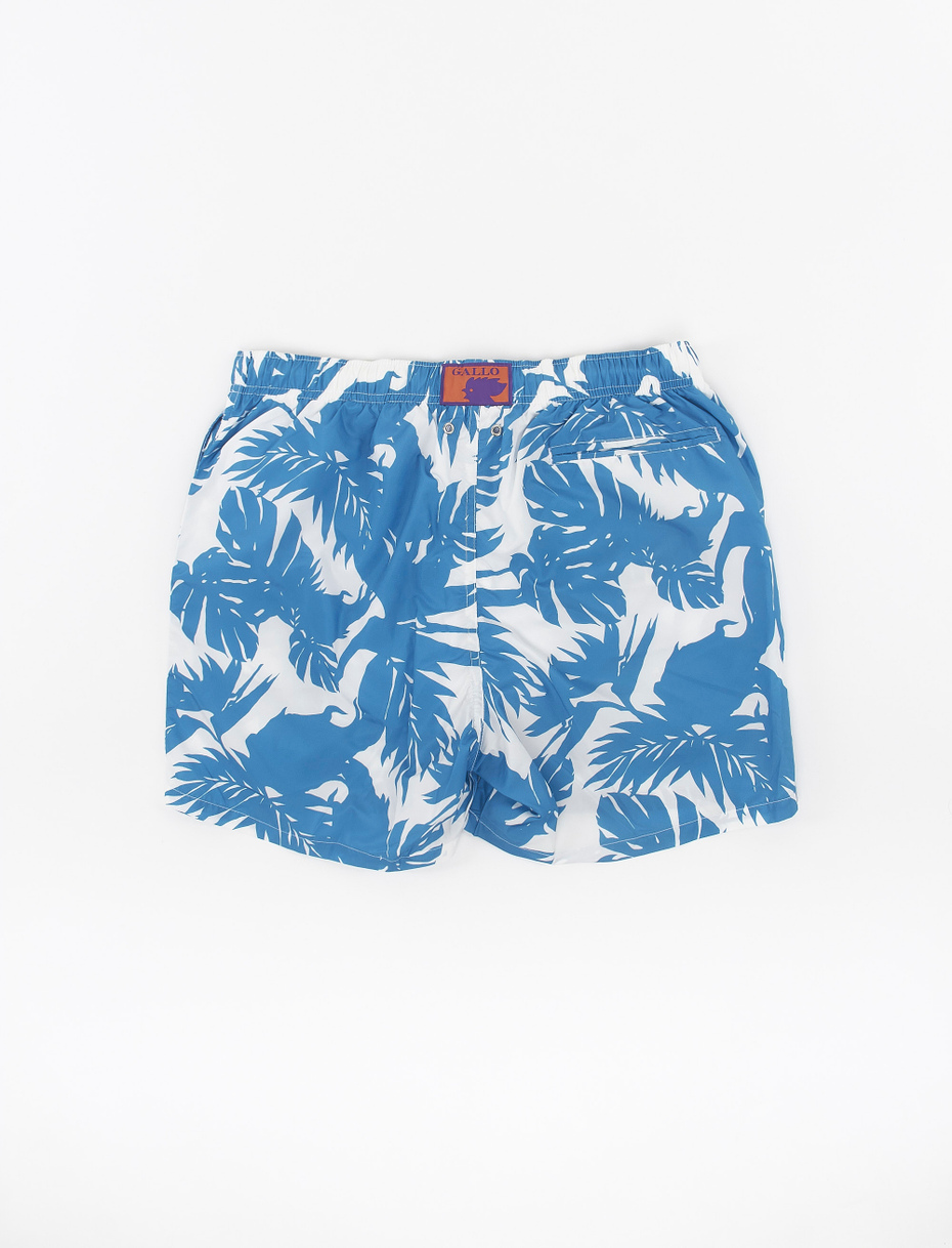 Men's polyester swimming shorts with tropical leaf motif, dragonfly blue - Gallo 1927 - Official Online Shop