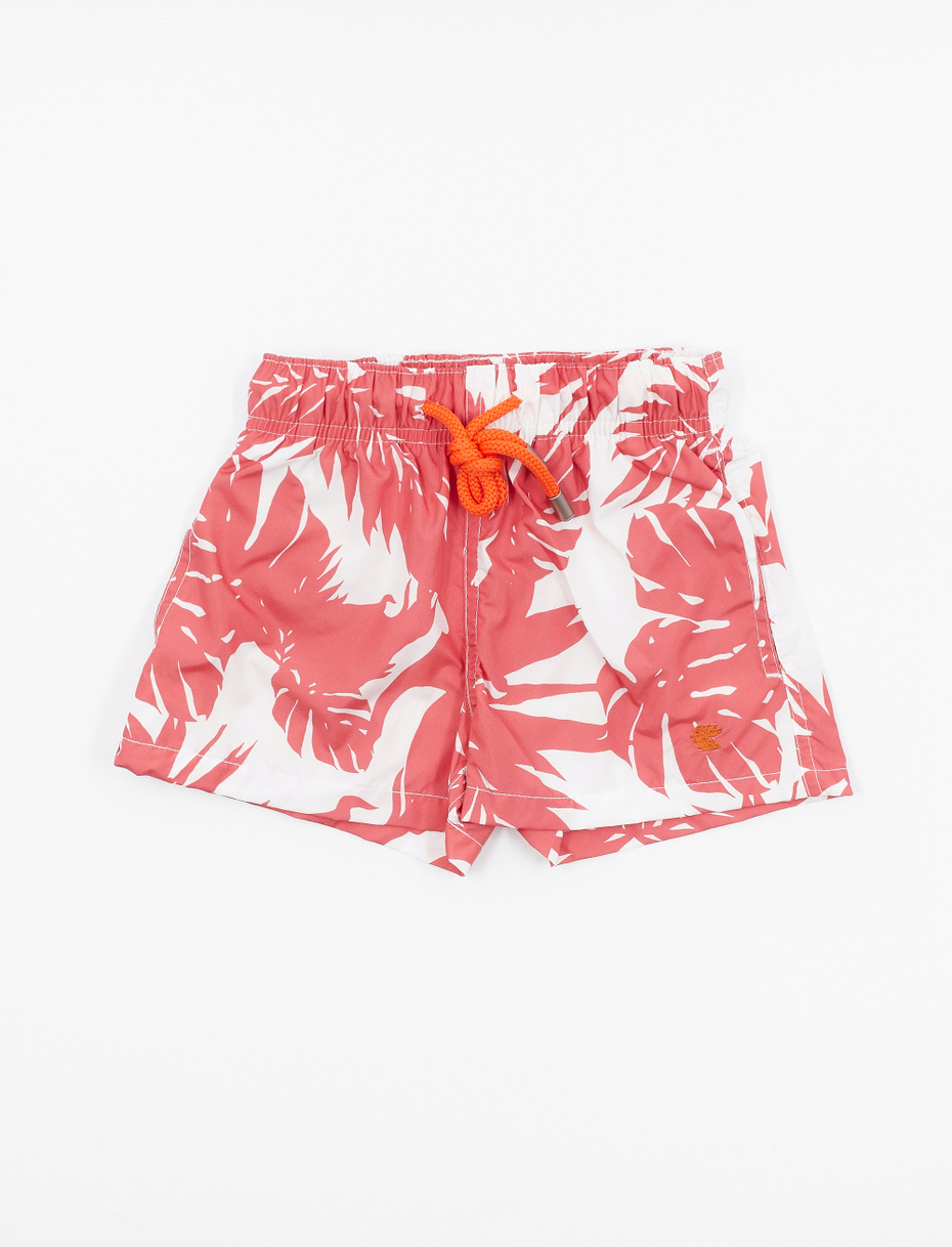 Kids' polyester swimming shorts with tropical leaf motif, azalea pink - Gallo 1927 - Official Online Shop