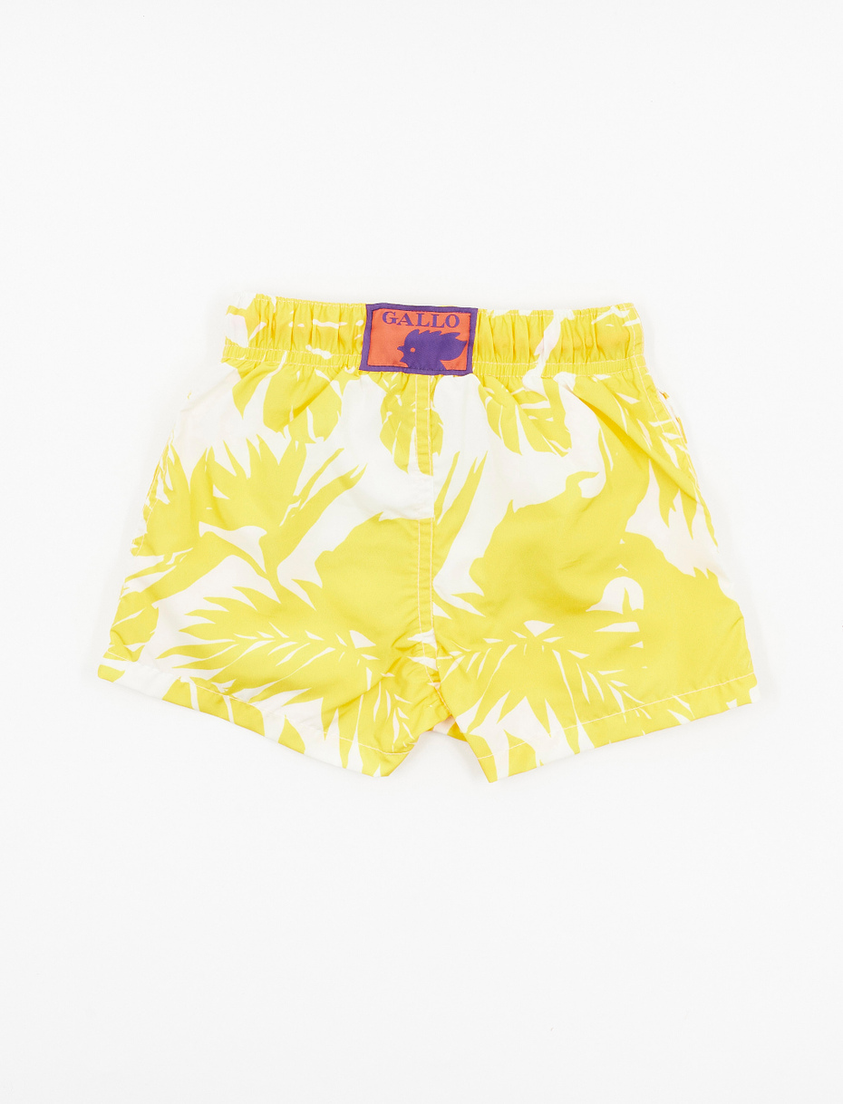 Kids' polyester swimming shorts with tropical leaf motif, daffodil yellow - Gallo 1927 - Official Online Shop