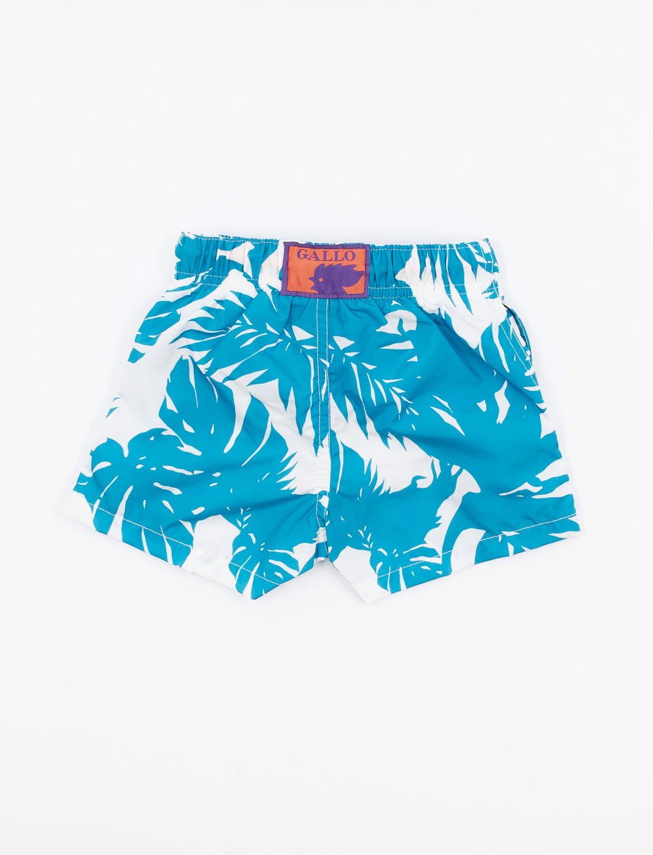 Kids' polyester swimming shorts with tropical leaf motif, dragonfly blue - Gallo 1927 - Official Online Shop