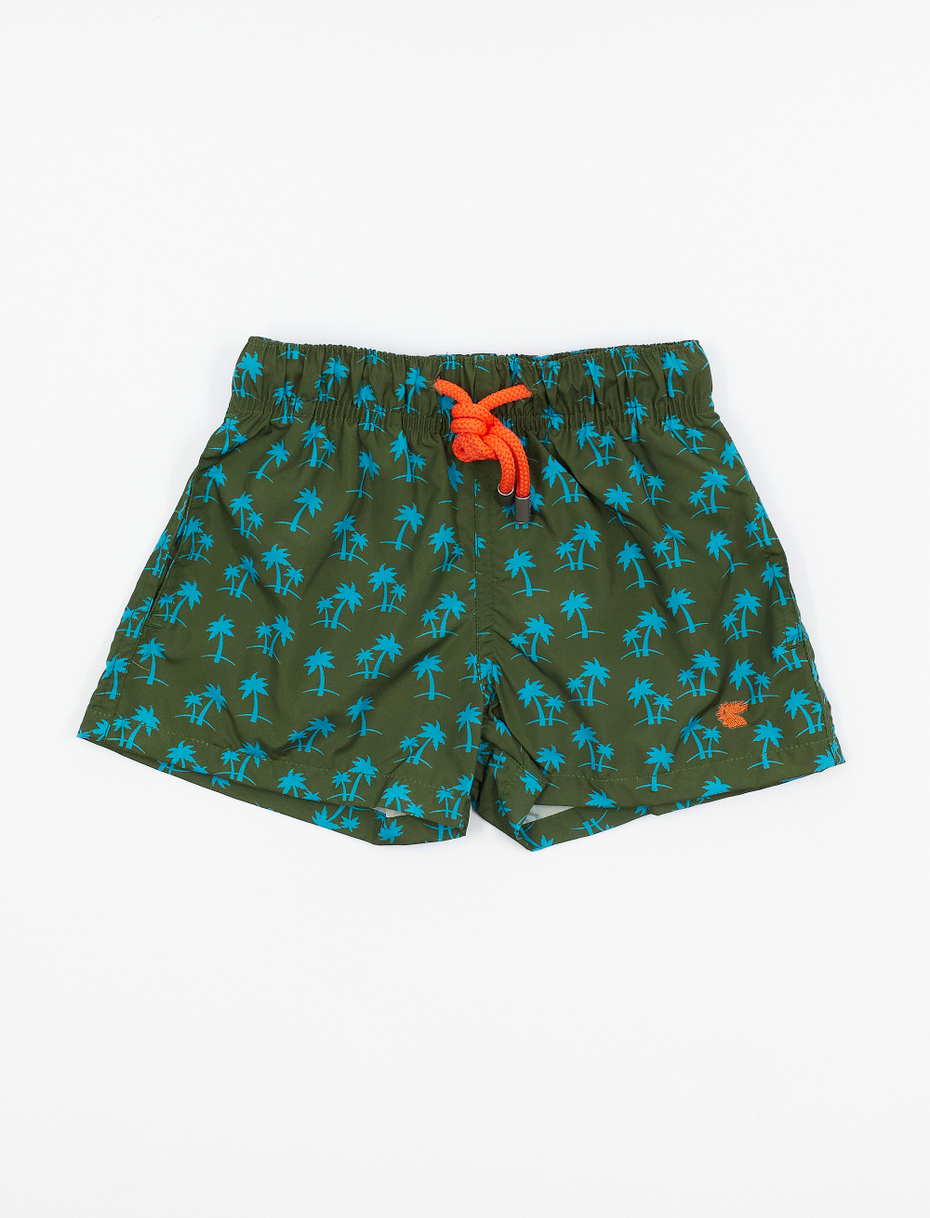 Kids' army green polyester swimming shorts with palm tree motif - Gallo 1927 - Official Online Shop