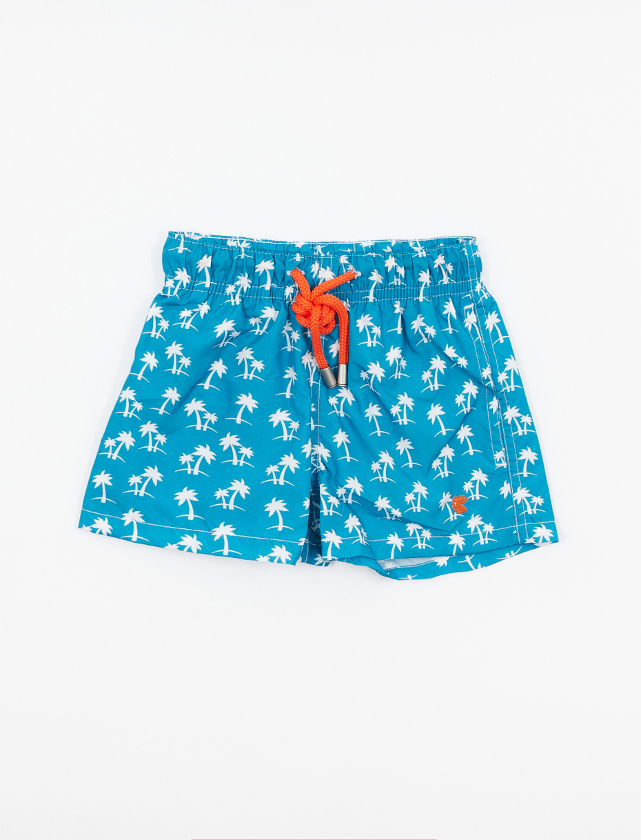 Kids' dragonfly blue polyester swimming shorts with palm tree motif - Gallo 1927 - Official Online Shop