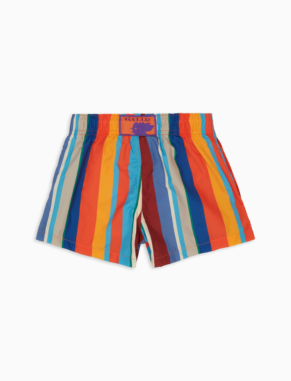 Kids' lobster red polyester swim shorts with multicoloured stripes - Gallo 1927 - Official Online Shop