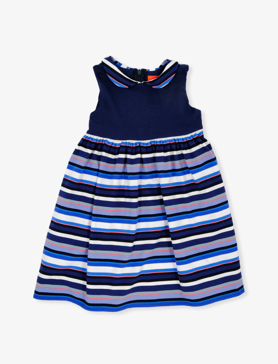 Girls' sleeveless royal blue cotton dress with multicoloured stripes - Gallo 1927 - Official Online Shop
