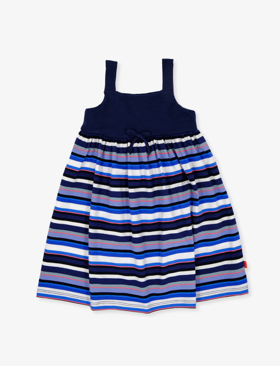 Girls' royal blue cotton dress with shoulder straps and multicoloured stripes - Gallo 1927 - Official Online Shop