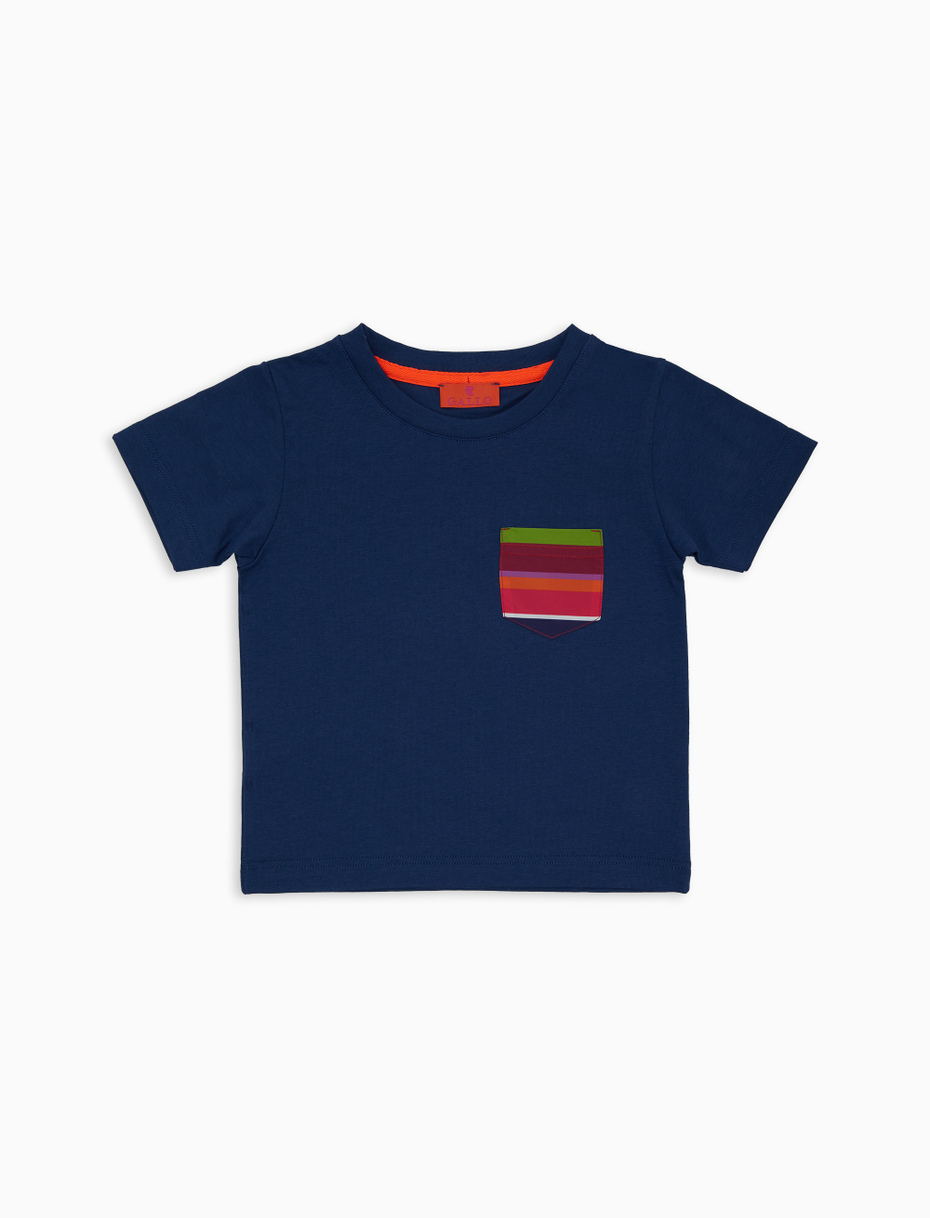 T-shirt bambino cotone tinta unita con taschino righe multicolor blu - Gallo 1927 - Official Online Shop