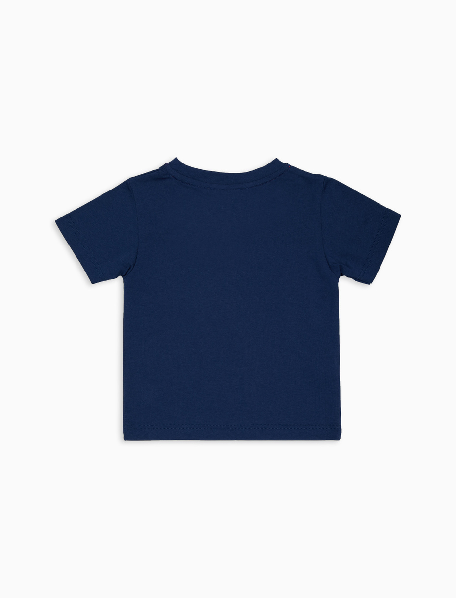 Kids' plain blue cotton T-shirt with multicoloured striped breast pocket - Gallo 1927 - Official Online Shop