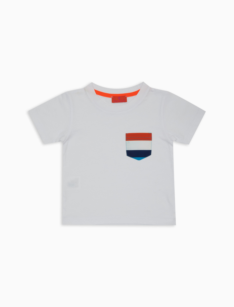 Kids' plain white cotton T-shirt with multicoloured striped breast pocket - Gallo 1927 - Official Online Shop