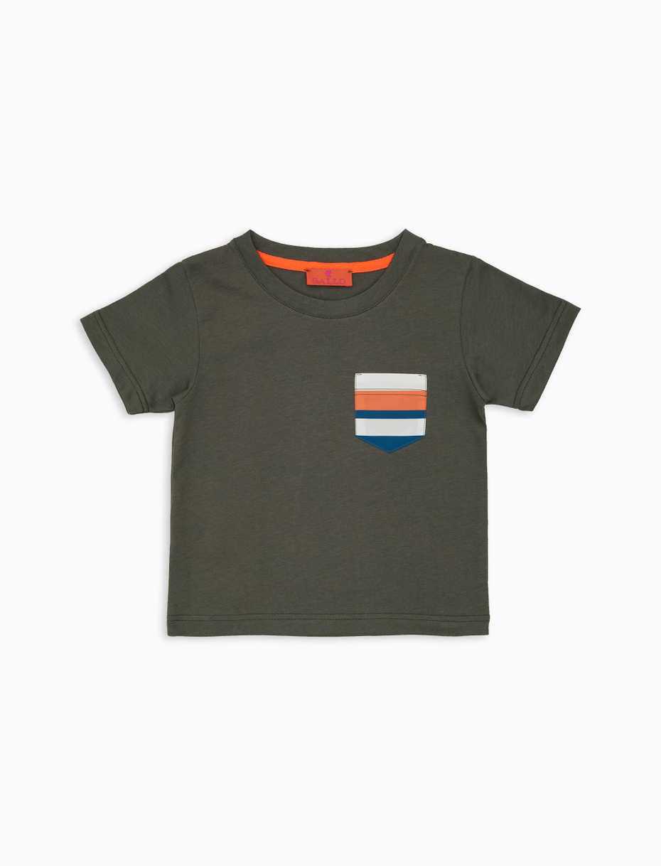 Kid's plain green cotton T-shirt with multicoloured striped breast pocket - Gallo 1927 - Official Online Shop
