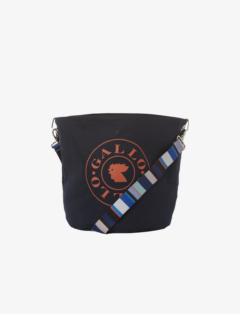 Unisex plain navy blue cotton bucket bag with multicoloured shoulder strap - Gallo 1927 - Official Online Shop