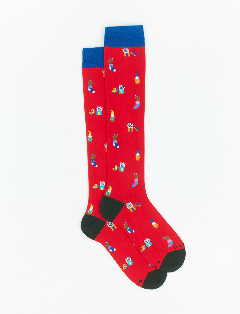 Men's long poppy red light cotton socks with Christmas motif - Gallo 1927 - Official Online Shop