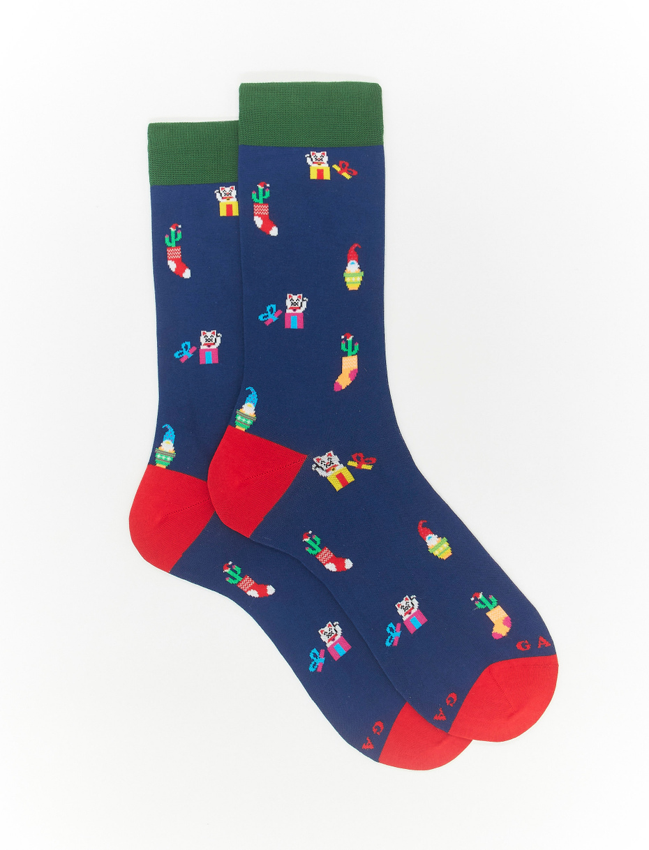 Men's short English blue light cotton socks with Christmas motif - Gallo 1927 - Official Online Shop
