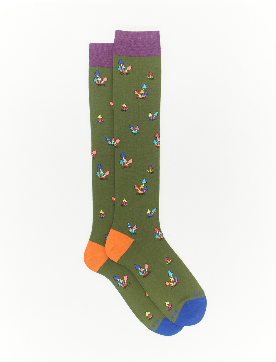 Men's long oak green light cotton socks with mushroom motif - Gallo 1927 - Official Online Shop