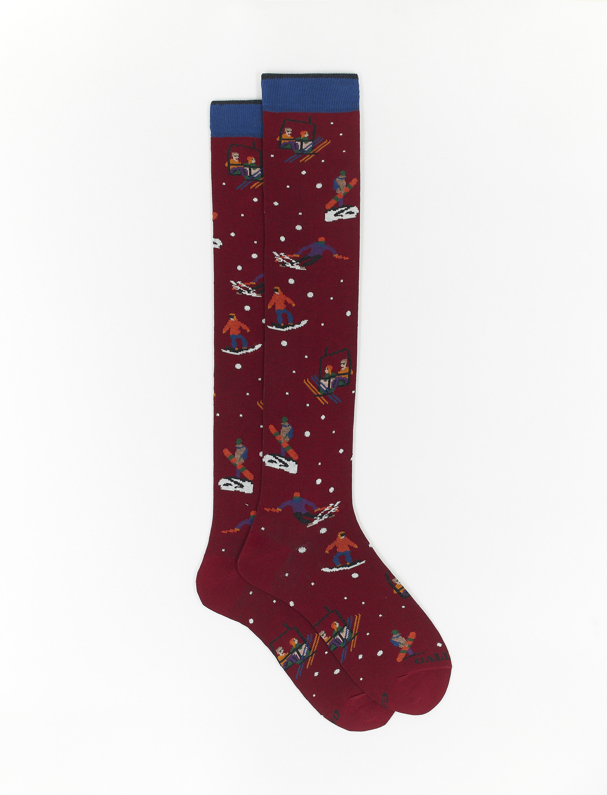 Women's long amaranth cotton socks with skier motif - Gallo 1927 - Official Online Shop