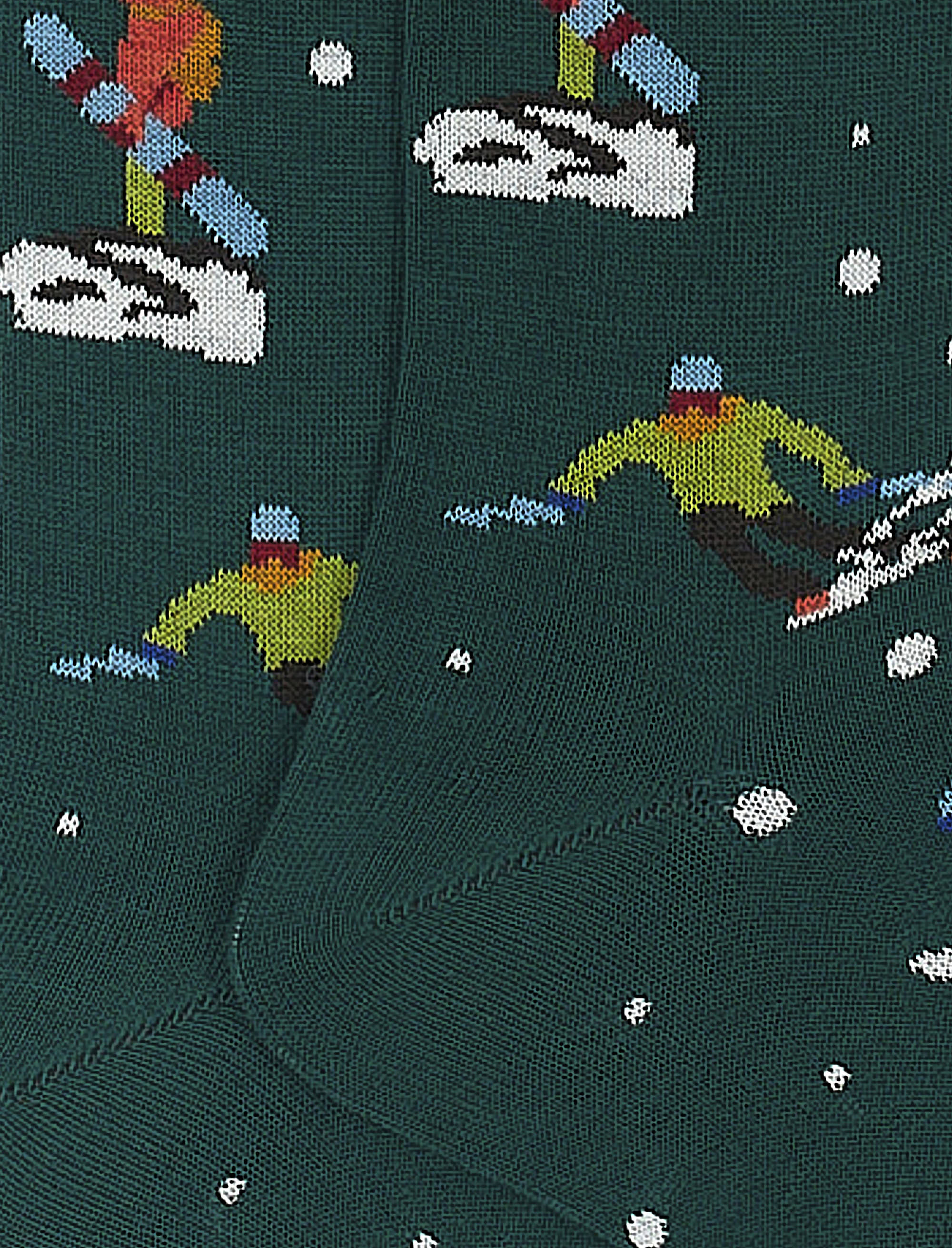 Women's eucalyptus green long cotton socks with skier motif - Gallo 1927 - Official Online Shop