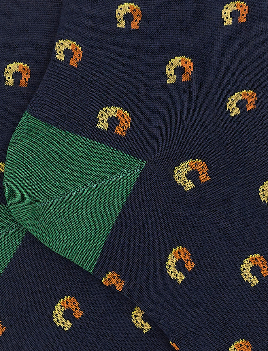 Women's long ocean blue light cotton socks with horseshoe motif - Gallo 1927 - Official Online Shop