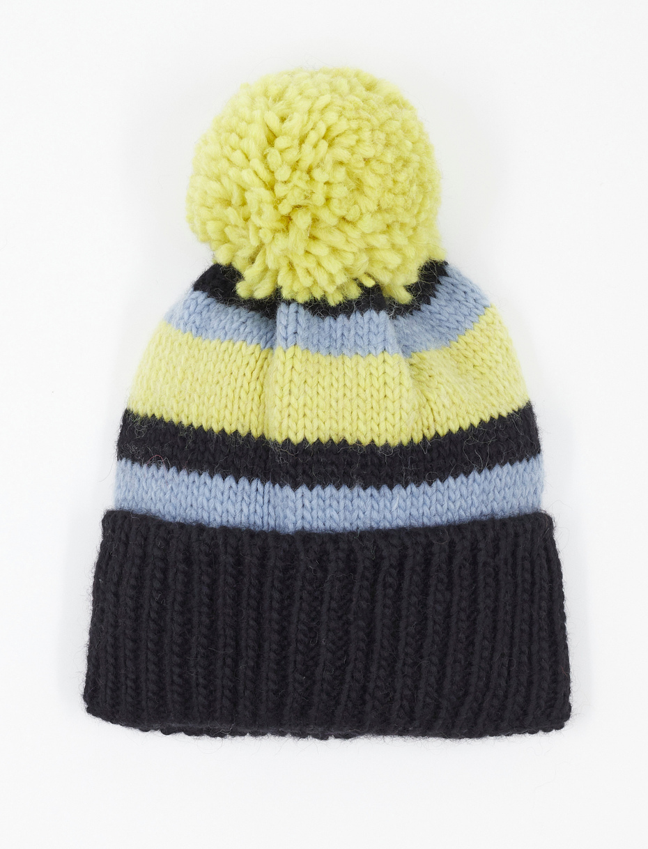 Unisex blue acrylic and wool beanie with cuff and multicoloured stripes - Gallo 1927 - Official Online Shop