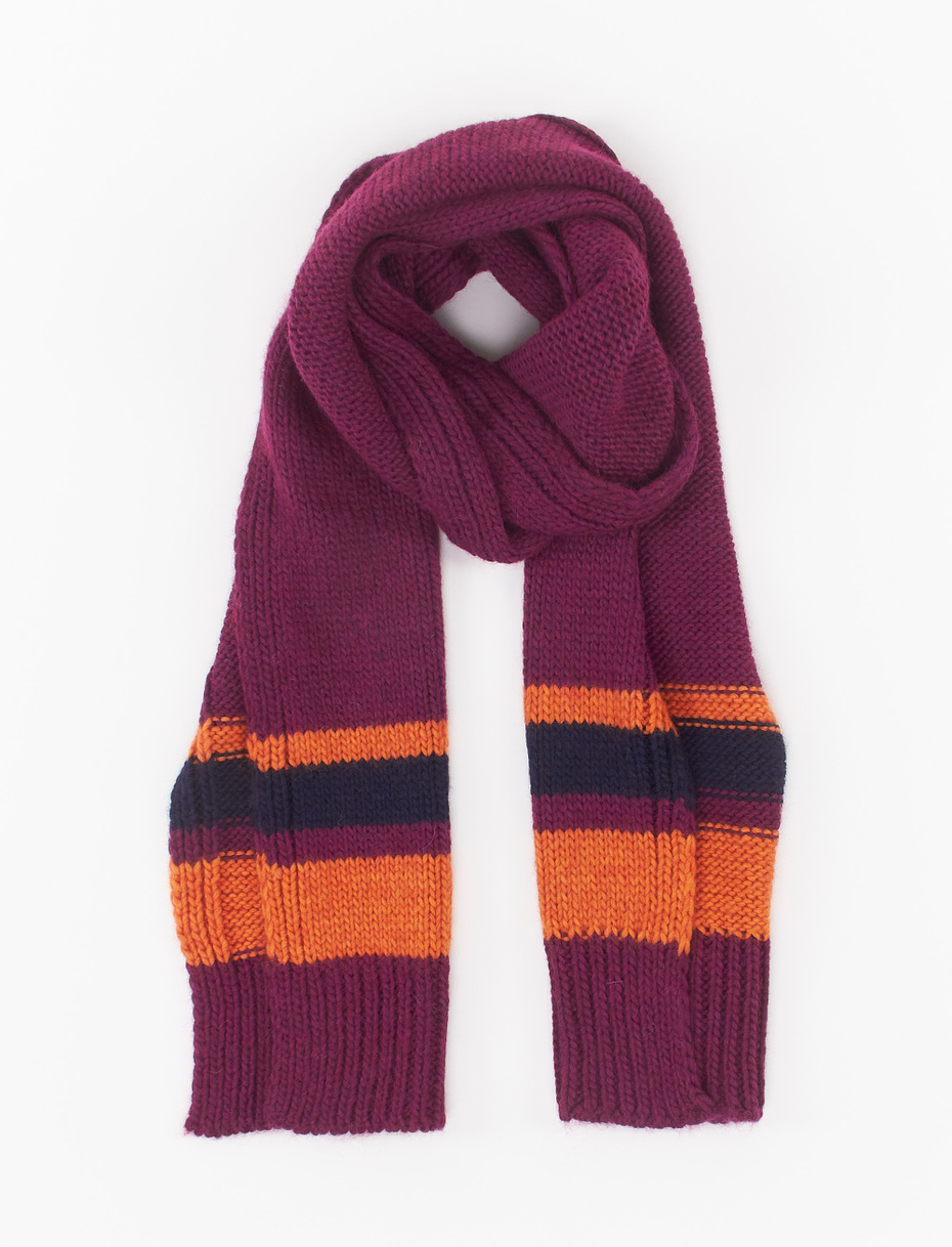 Unisex plum acrylic and wool scarf with multicoloured stripes - Gallo 1927 - Official Online Shop
