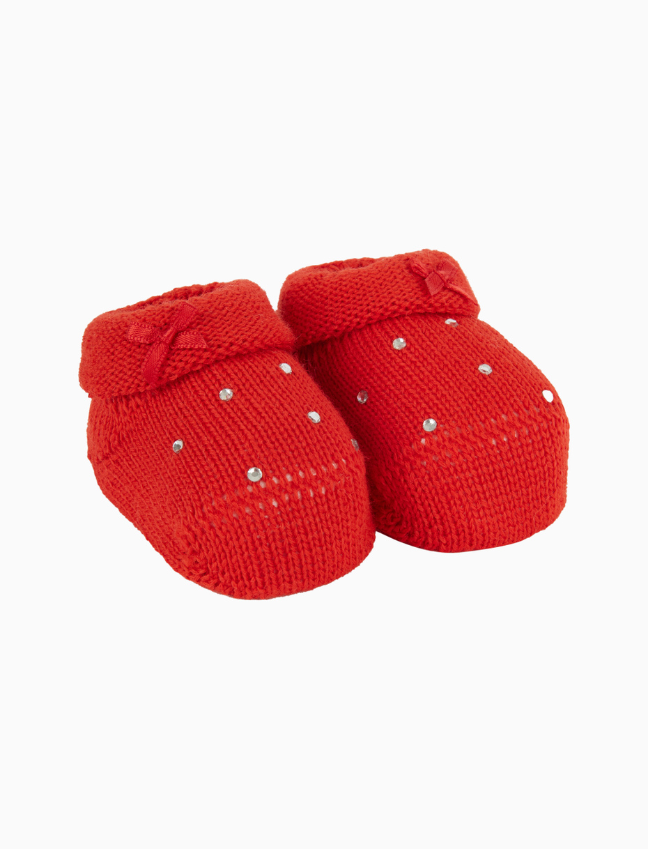 Kids' plain red wool booty socks with rhinestones and bow - Gallo 1927 - Official Online Shop