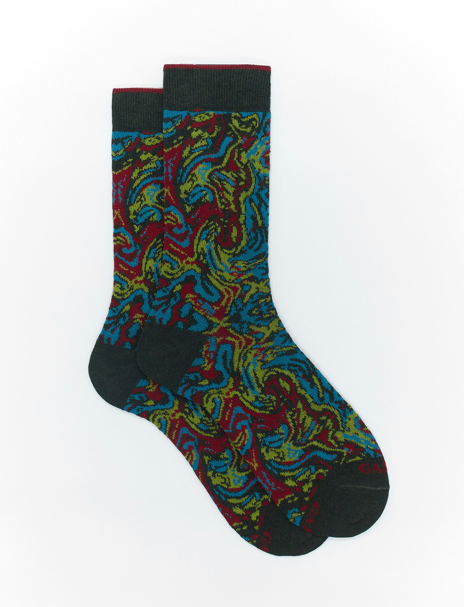 Men's short forest green cotton socks with marble-effect motif - Gallo 1927 - Official Online Shop