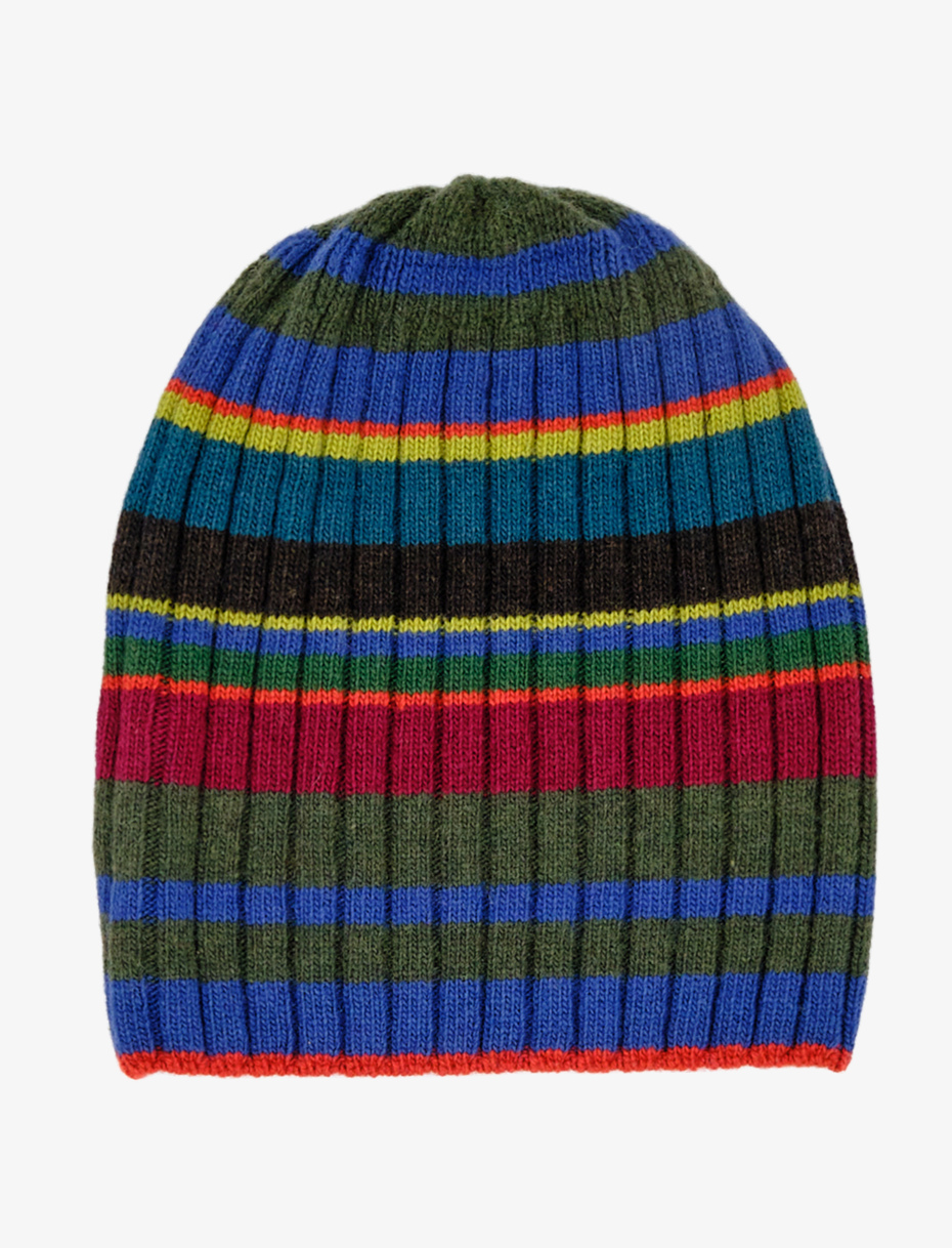Unisex forest green wool, viscose and cashmere beanie with multicoloured stripes - Gallo 1927 - Official Online Shop