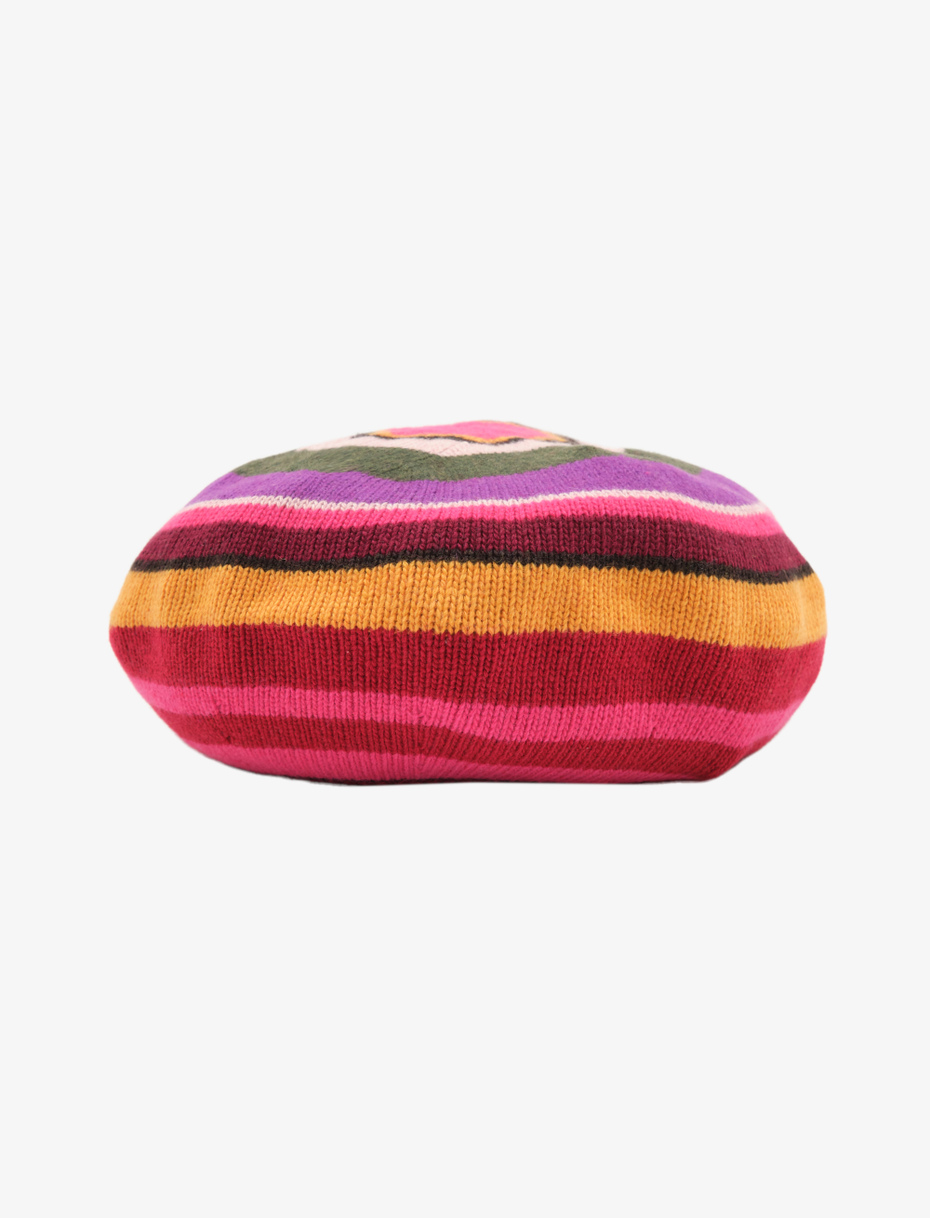 Women's carmine wool, viscose and cashmere beret with multicoloured stripes - Gallo 1927 - Official Online Shop