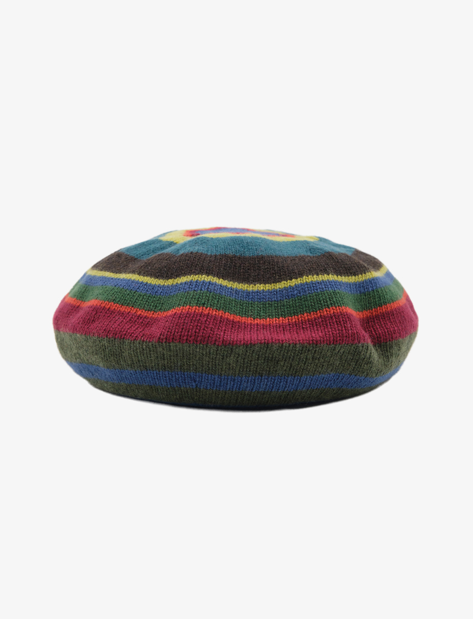 Women's forest green wool, viscose and cashmere beret with multicoloured stripes - Gallo 1927 - Official Online Shop