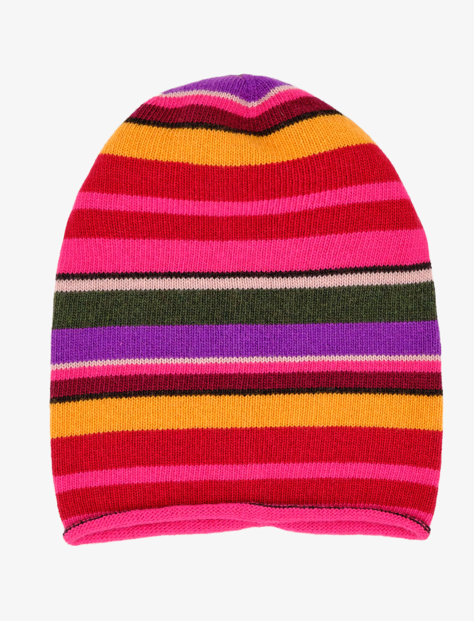 Women's carmine wool, viscose and cashmere long beanie with multicoloured stripes - Gallo 1927 - Official Online Shop