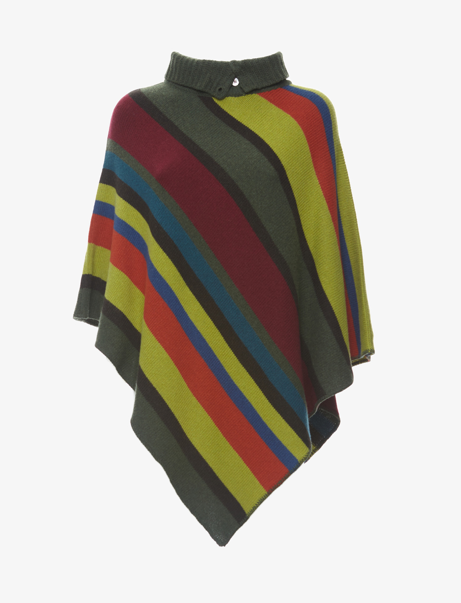 Women's forest green wool, viscose and cashmere poncho with slanted multicoloured stripes - Gallo 1927 - Official Online Shop