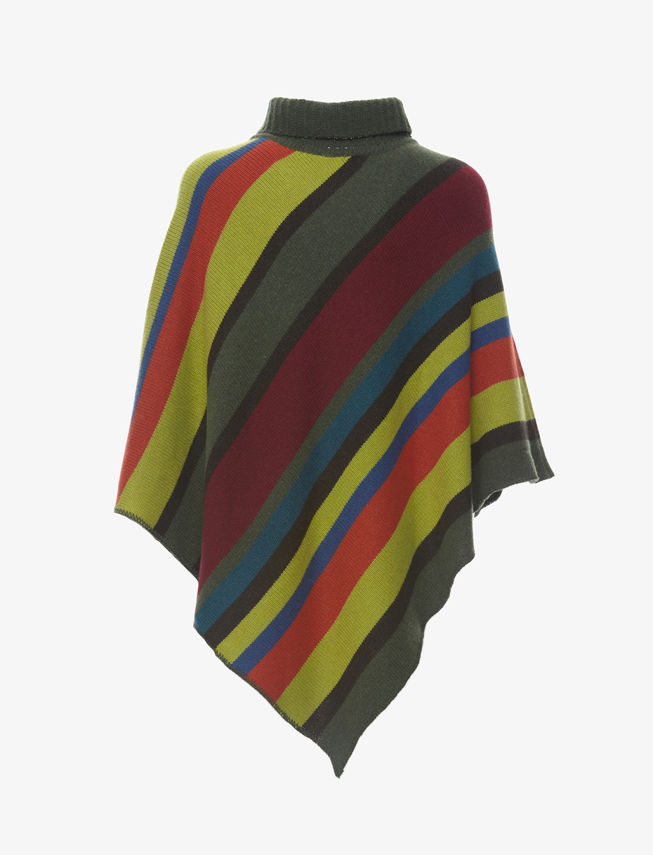 Women's forest green wool, viscose and cashmere poncho with slanted multicoloured stripes - Gallo 1927 - Official Online Shop
