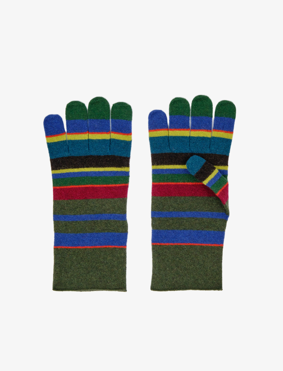 Men's forest green wool, viscose and cashmere touch-screen gloves with multicoloured stripes - Gallo 1927 - Official Online Shop