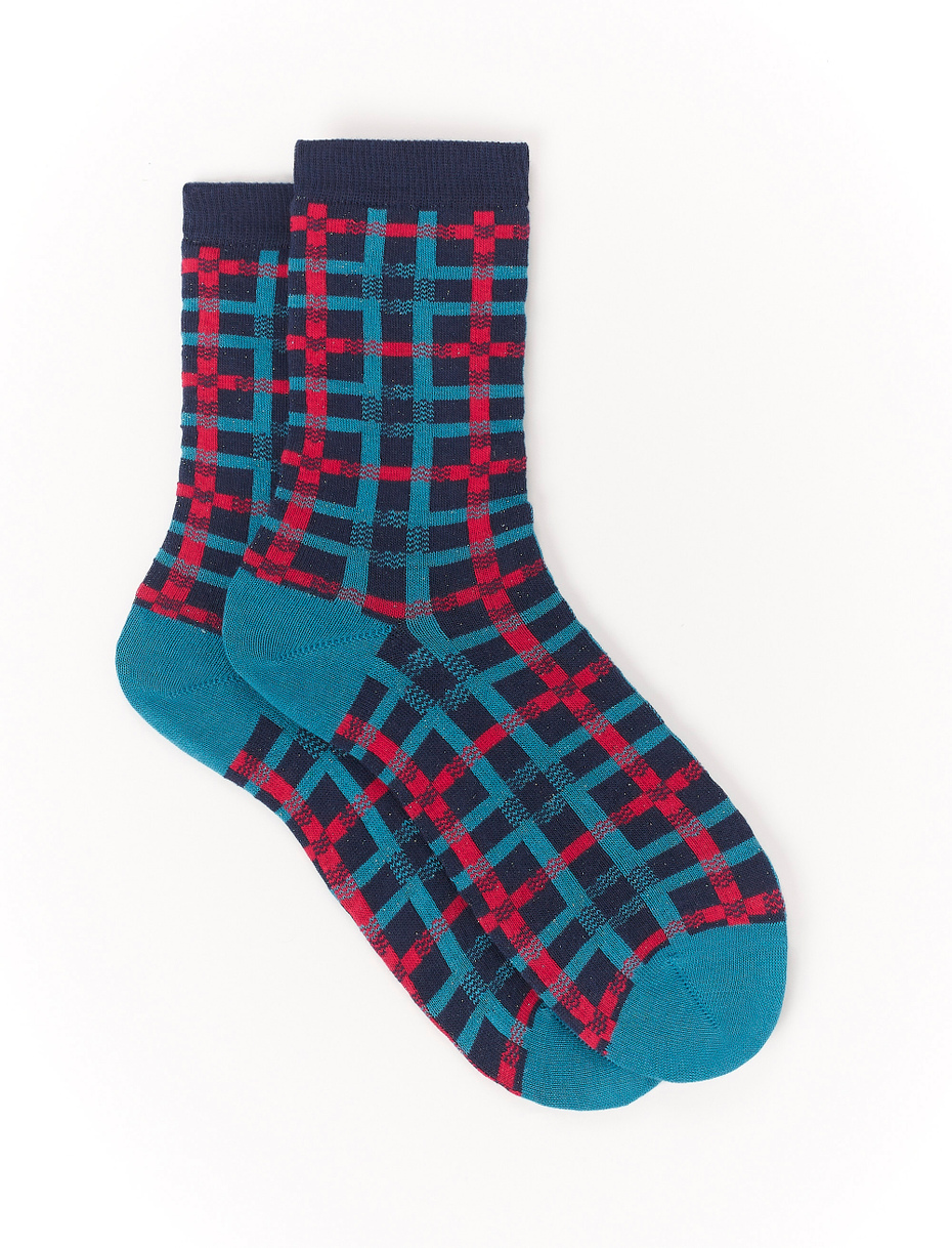 Women's short royal blue cotton socks with lurex tartan motif - Gallo 1927 - Official Online Shop