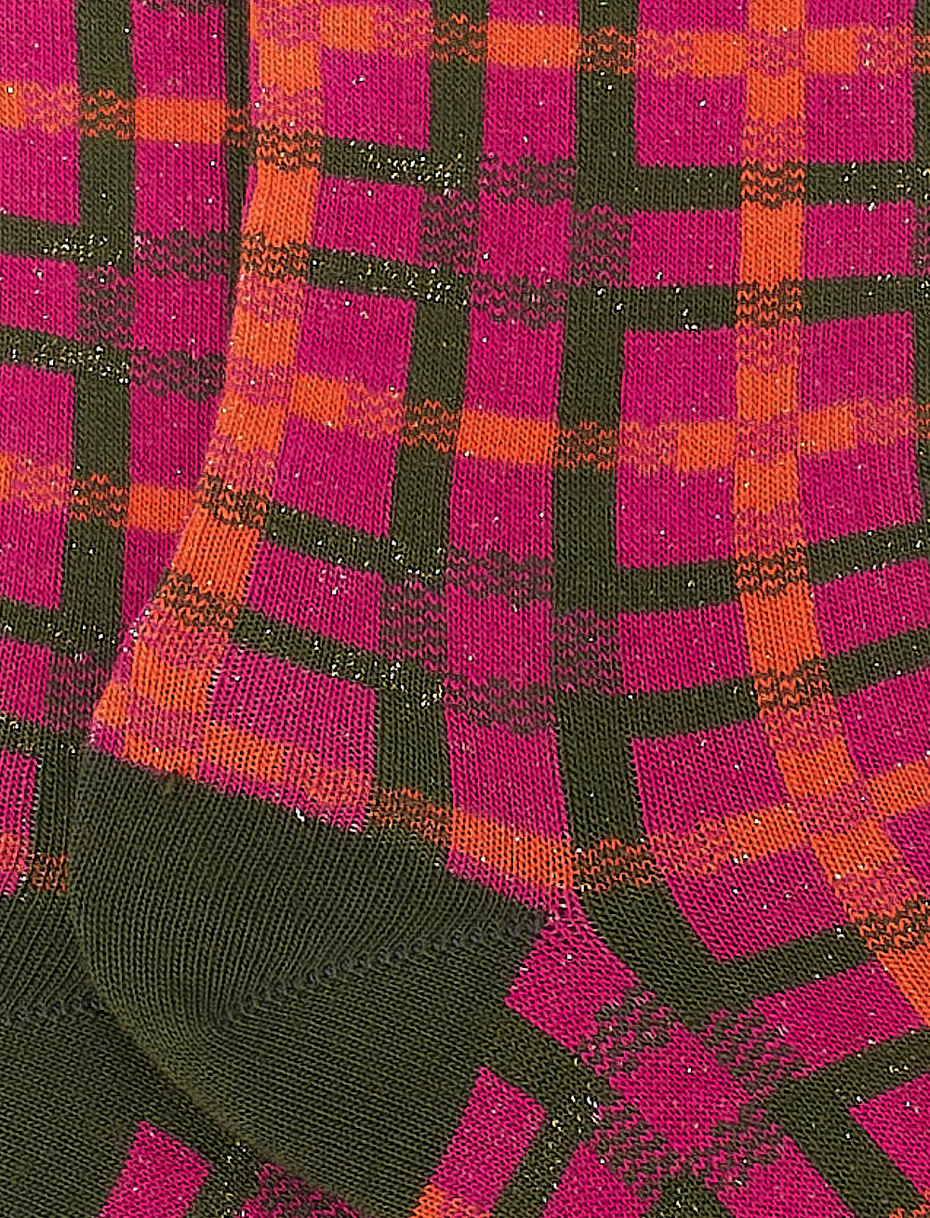 Women's short magenta cotton socks with lurex tartan motif - Gallo 1927 - Official Online Shop