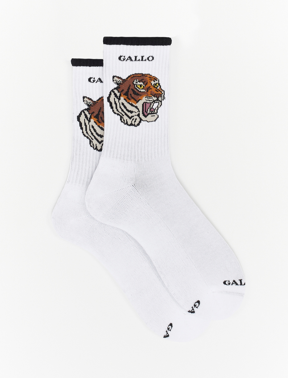 Men's short white cotton terry cloth socks with tiger motif - Gallo 1927 - Official Online Shop