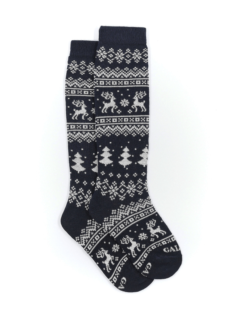 Kids' long navy blue cotton socks with decorative Christmas motif - Gallo 1927 - Official Online Shop