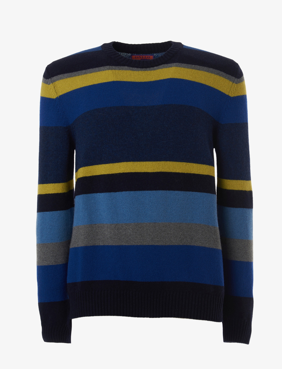 Men's blue wool, viscose and cashmere crew-neck with multicoloured stripes - Gallo 1927 - Official Online Shop