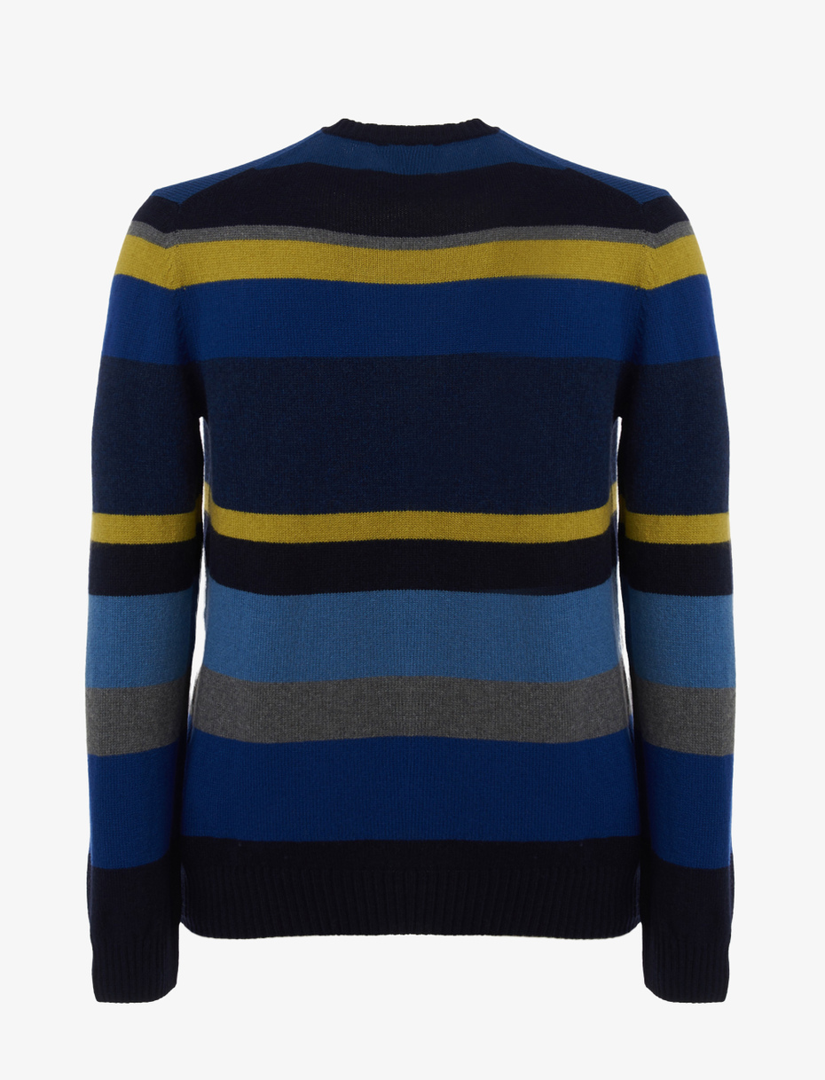 Men's blue wool, viscose and cashmere crew-neck with multicoloured stripes - Gallo 1927 - Official Online Shop