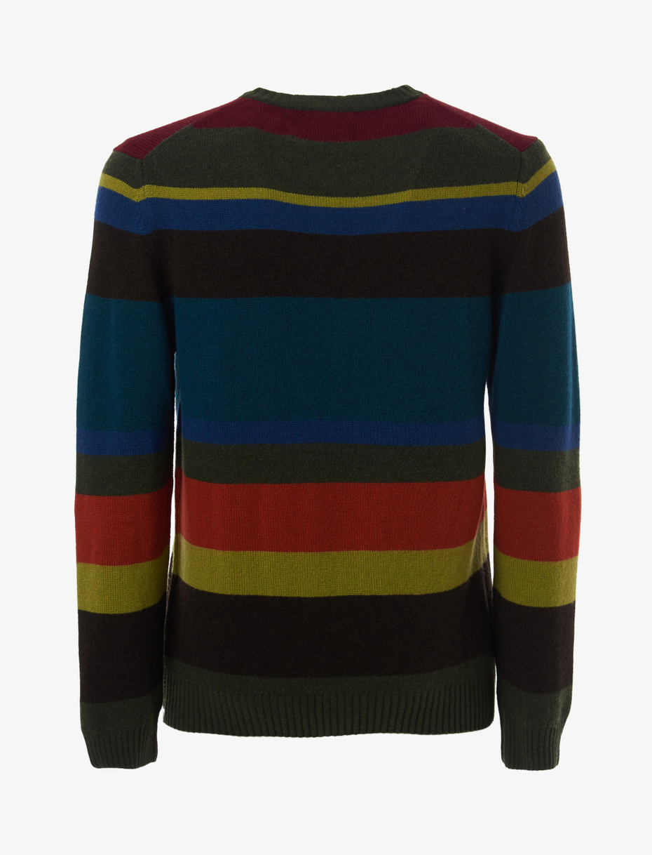 Men's forest green wool, viscose and cashmere crew-neck with multicoloured stripes - Gallo 1927 - Official Online Shop