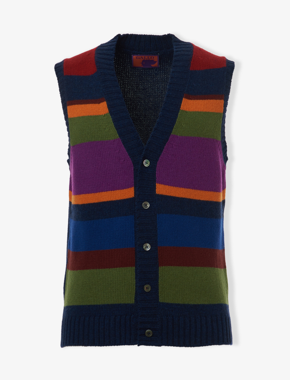 Men's plain royal blue wool, viscose and cashmere vest with multicoloured stripes - Gallo 1927 - Official Online Shop