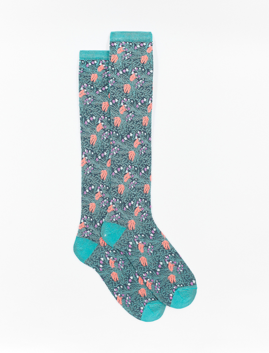 Women's long verdigris viscose socks with garden motif - Gallo 1927 - Official Online Shop