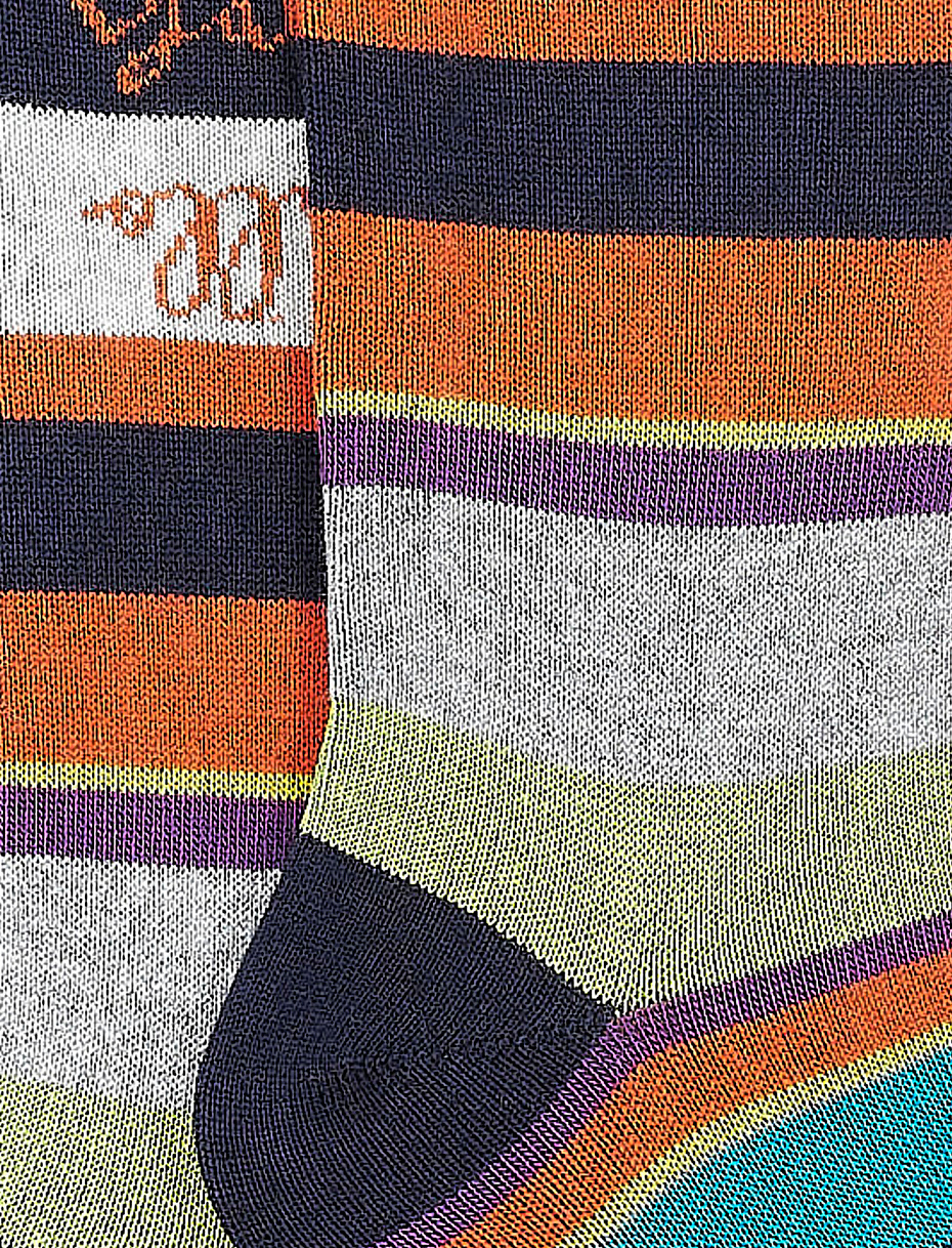 Kids' long navy blue cotton and cashmere socks with multicoloured stripes and Gallo writing - Gallo 1927 - Official Online Shop