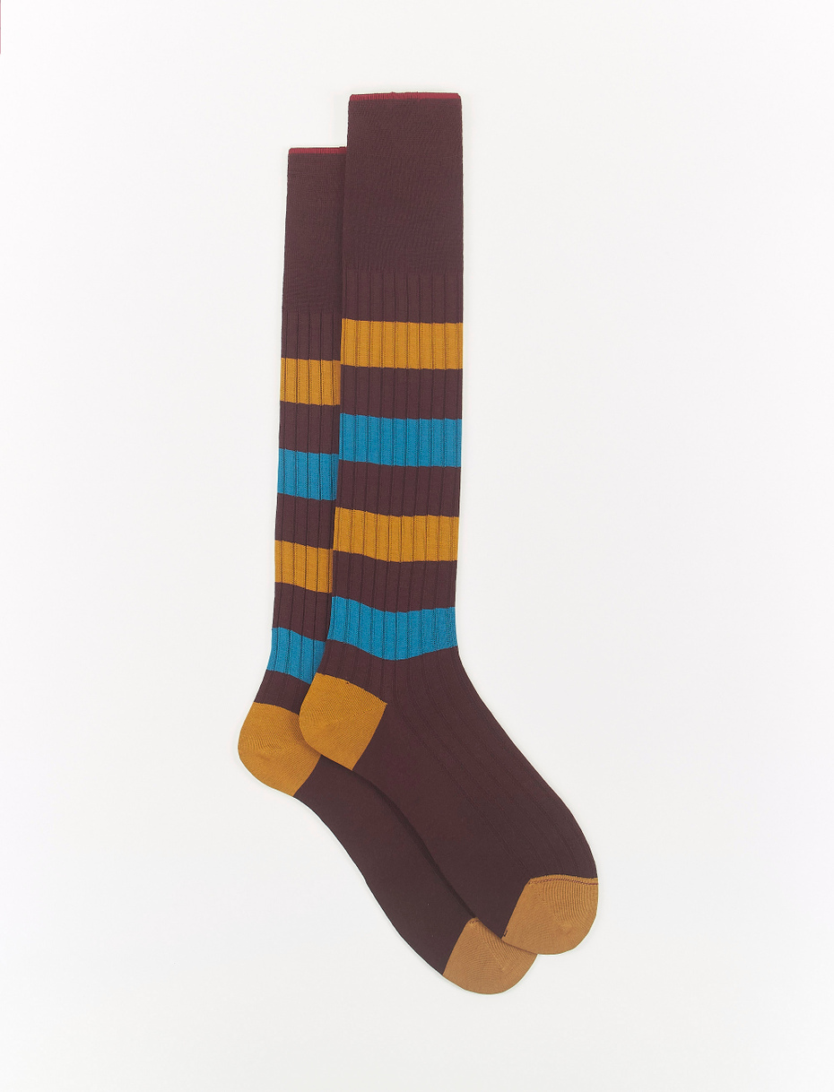 Men's long burgundy wool and cotton socks with tricolour-striped rib - Gallo 1927 - Official Online Shop