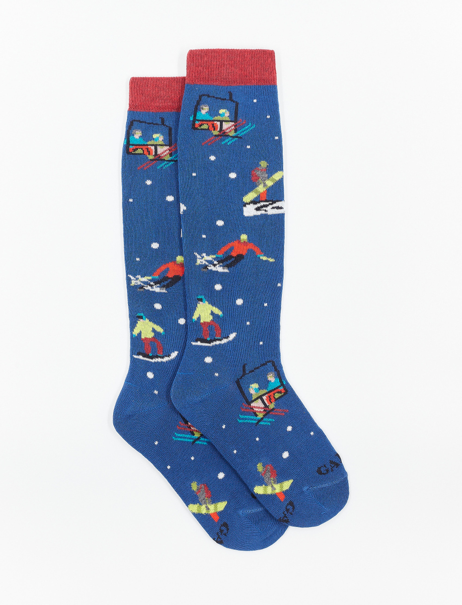Kids' long Prussian blue cotton socks with skier motif - Gallo 1927 - Official Online Shop